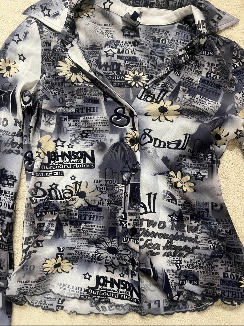 Vintage newspaper print y2k button up